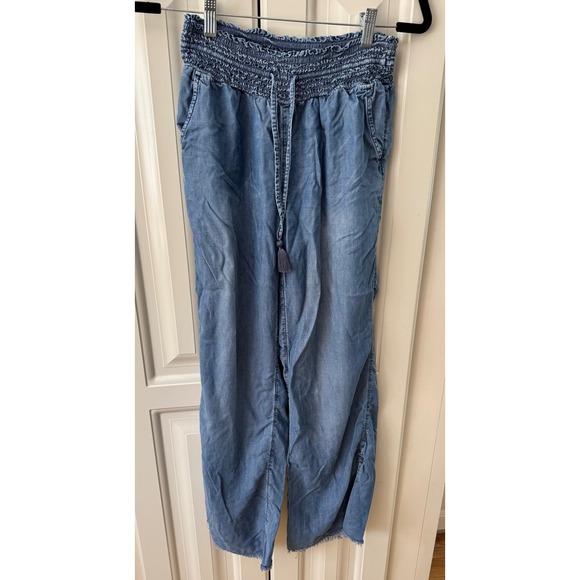 Aerie XS Chambray Blue Wide Leg Pants Smocked Waist Drawstring Frayed Hem - Picture 1 of 13